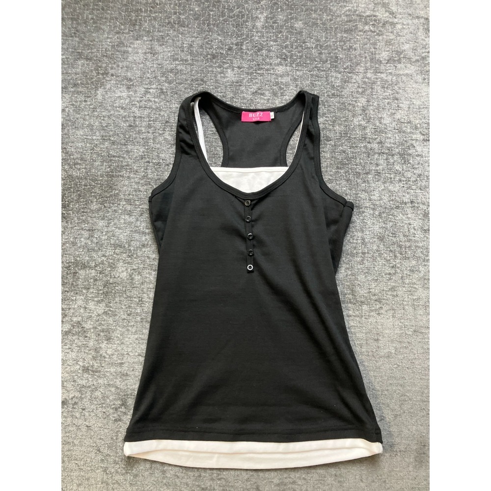 Buzz Ribbed Knit Henley Top Womens‎ Large Black White Layered Cotton Sleeveless